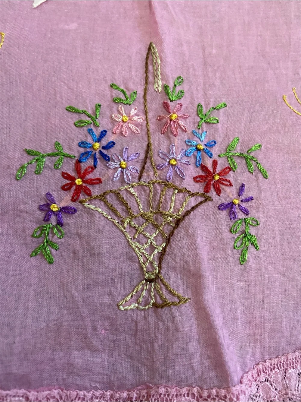 Vintage Sheer Pink Embroidered Half Apron with Lace Trim and Pink Satin Ties